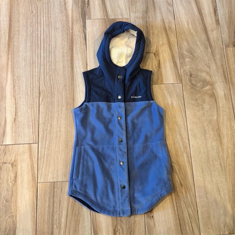 Columbia Vest Womens XS Blue Two-Tone Hooded Snap Front Sherpa Lined